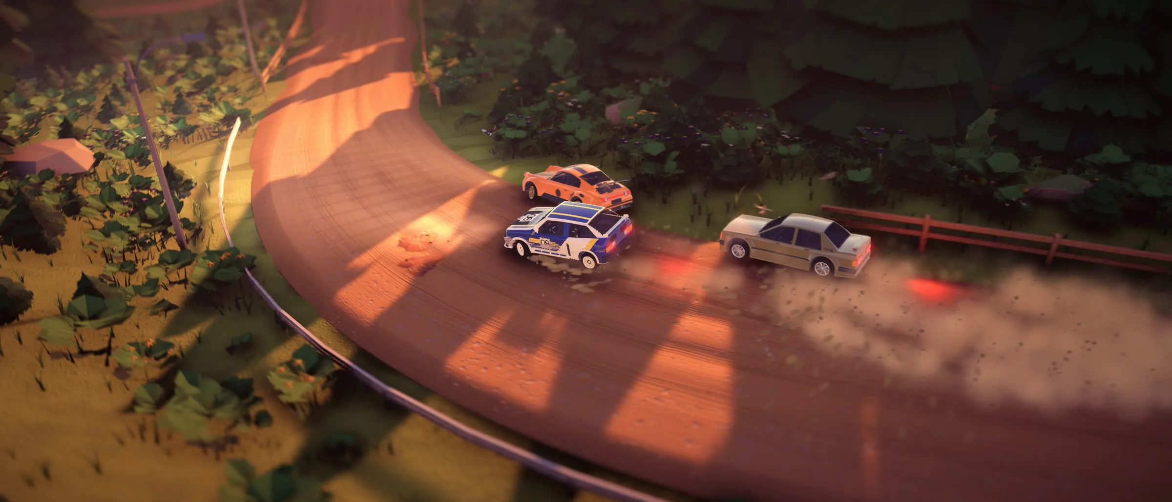 Three cars fighting through a forest bend at dusk, long shadows of the pines across the gravel