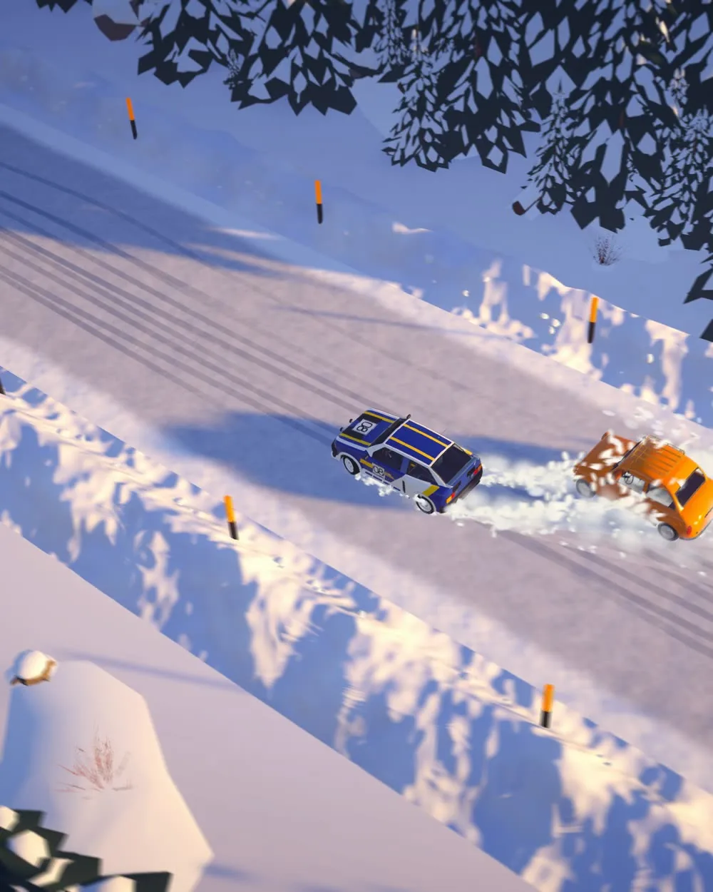 Two cars sliding on a ploughed winter road, a wave of snow behind one of them