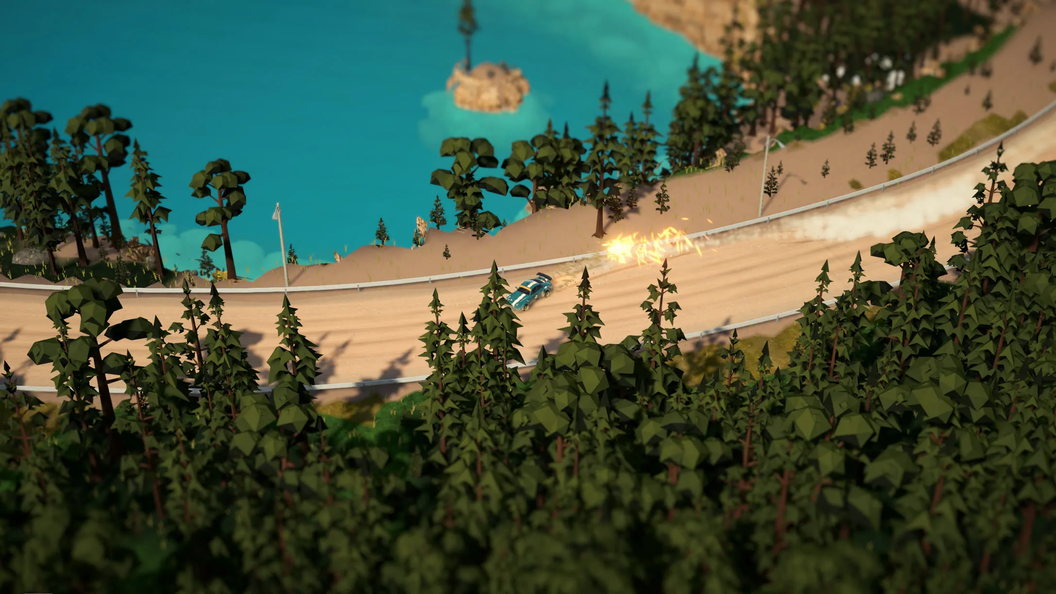 A gravel road between a forest and a turquoise flooded quarry, a car sliding with sparks flying