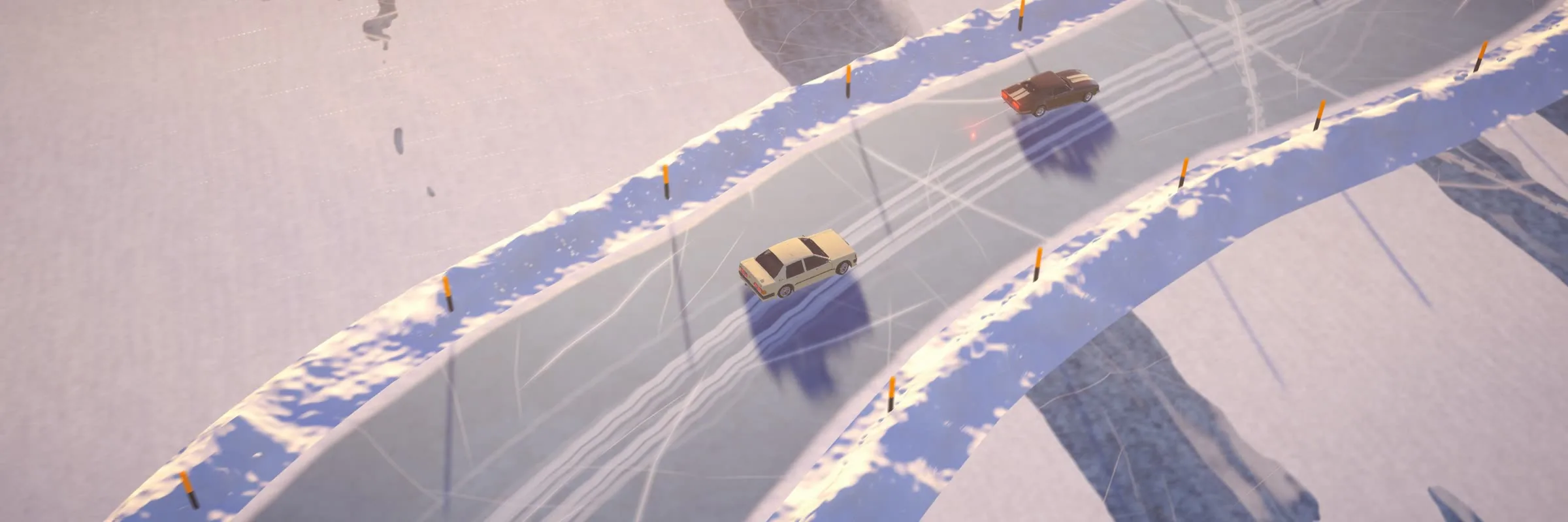 A winter road ploughed across a frozen lake, two cars on it and their tracks curving away