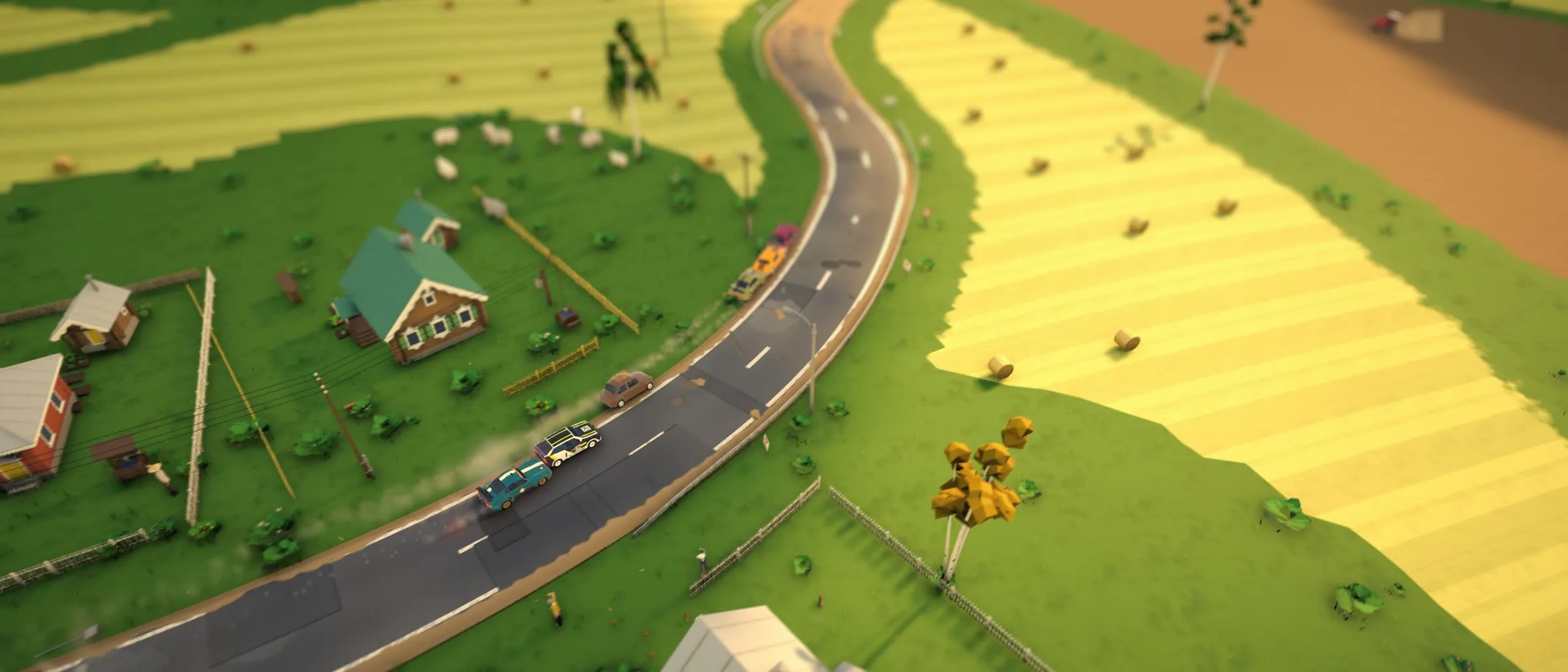 A tarmac road winding between yellow fields, farmhouses and birches, a pack of cars on it