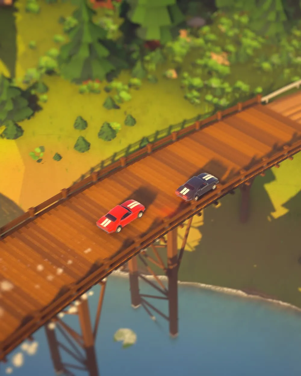 Two cars crossing a wooden bridge over a lake in low sun