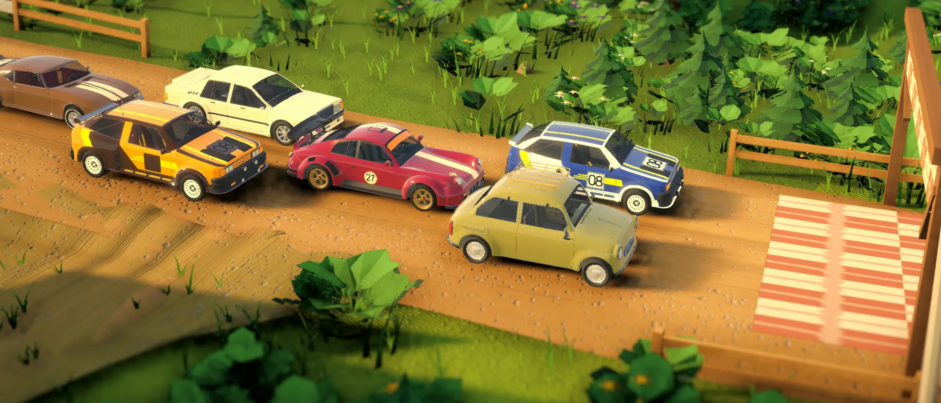 The grid before the start: classic rally cars of different eras side by side on a forest gravel road