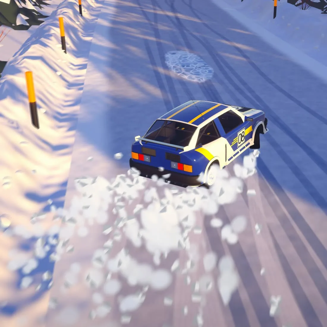 A rally hatchback sliding on a snowy road, snow spraying from its wheels, a rival beside it