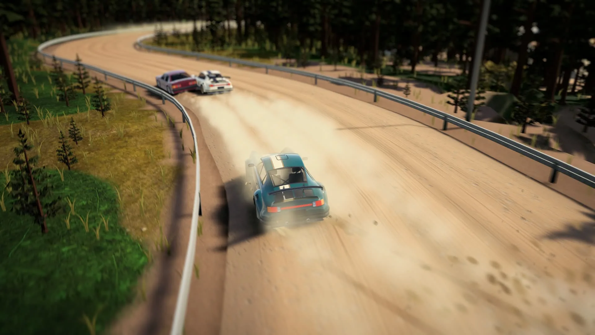 A car sideways out of a gravel bend between guardrails, dust and its shadow thrown across the road, a pack behind