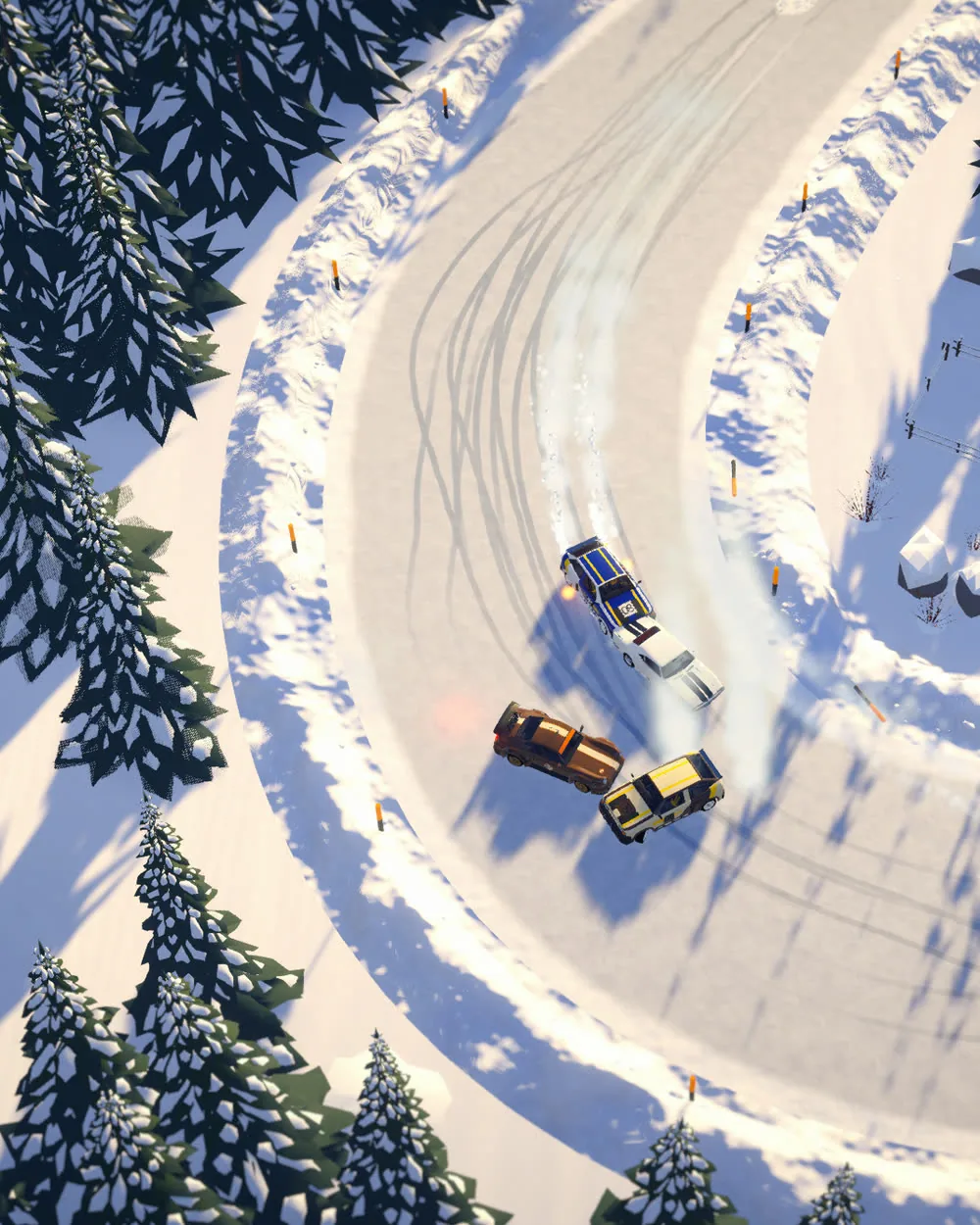 Low behind a car drifting a gravel road between birches in low sun