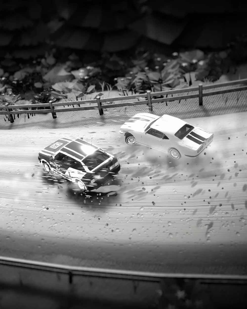 A rally hatchback leaning into a slide on gravel, dust behind it