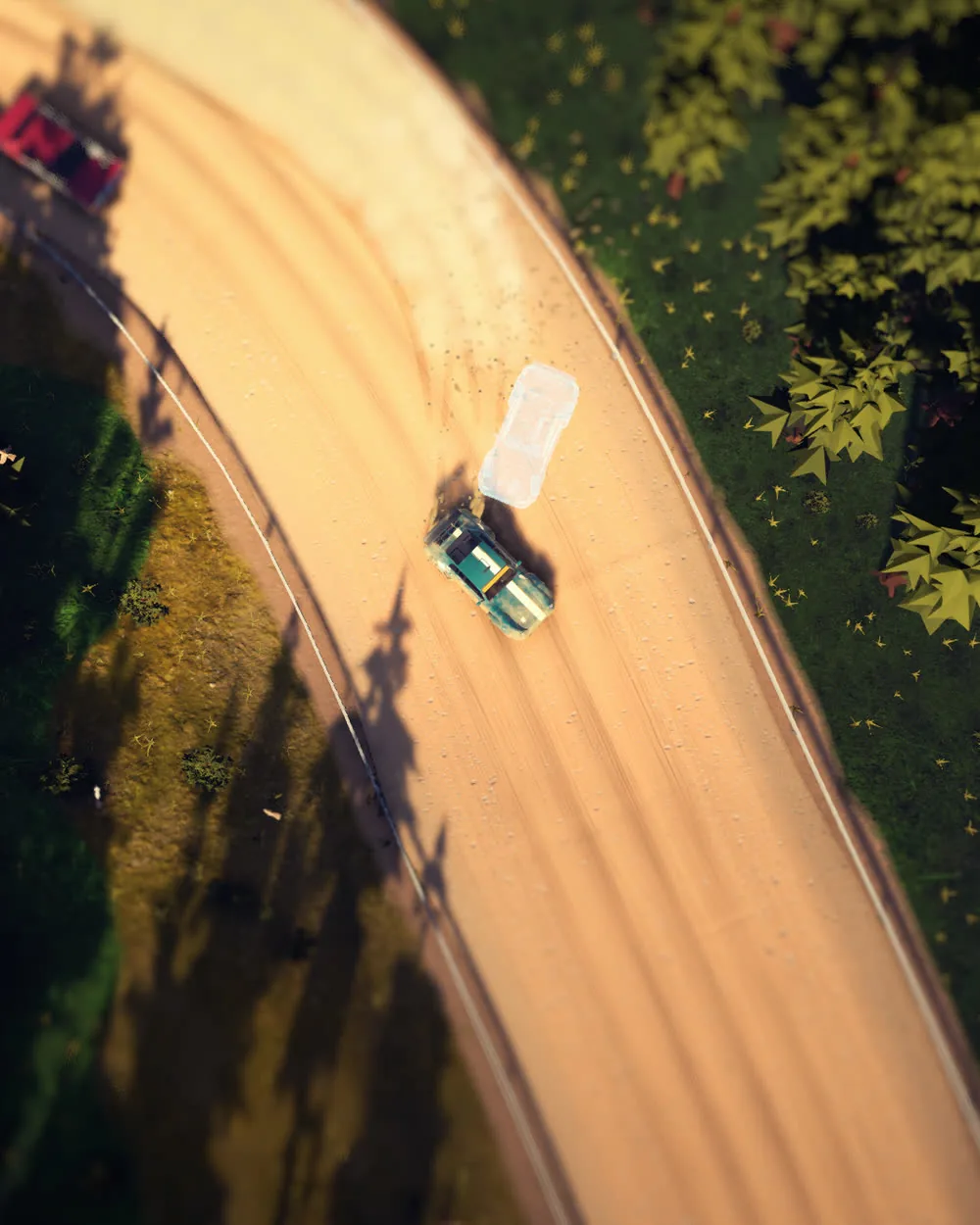 A muscle coupe on a country road at dusk, long shadows across the fields