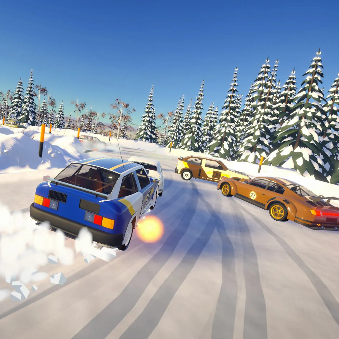 A rally hatchback side on across the snow, ice crazed under its wheels