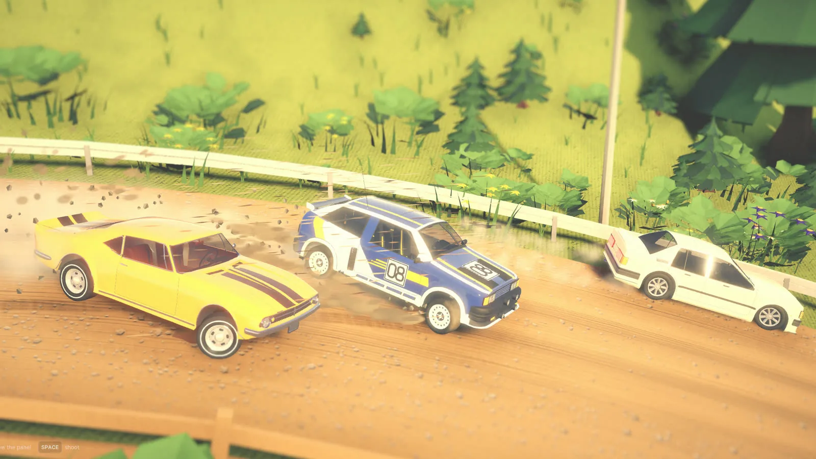 A wide-body coupe drifting a dirt bend with a rival close behind
