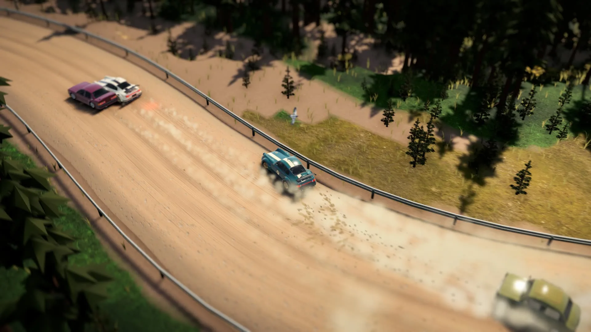 Midday: a pack sliding out of a gravel bend, dust rising