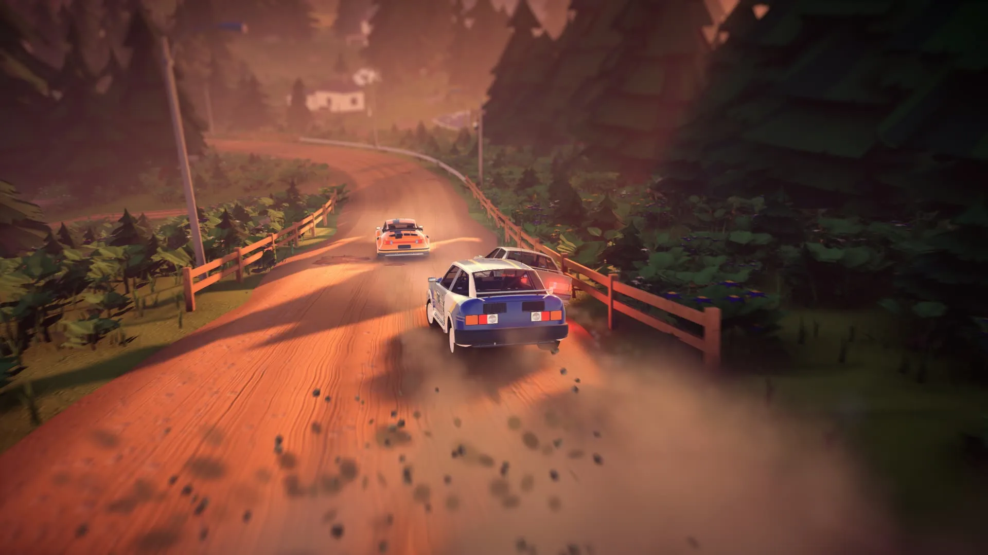 Dusk: a car sliding past a fence in a cloud of dust and stones, a rival ahead