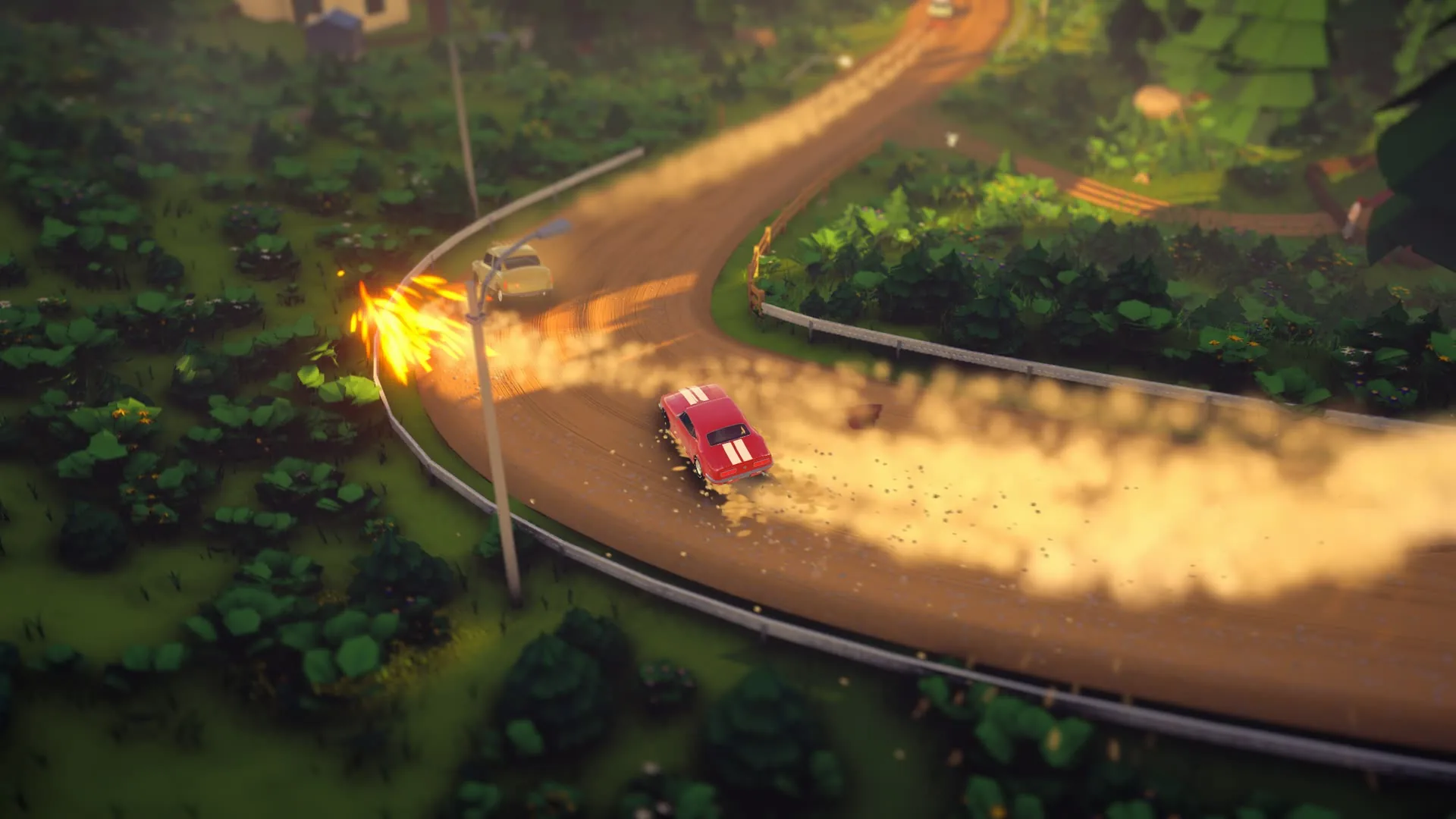 Golden hour: a car drifting a forest hairpin, sparks flying, a dust plume in the low sun